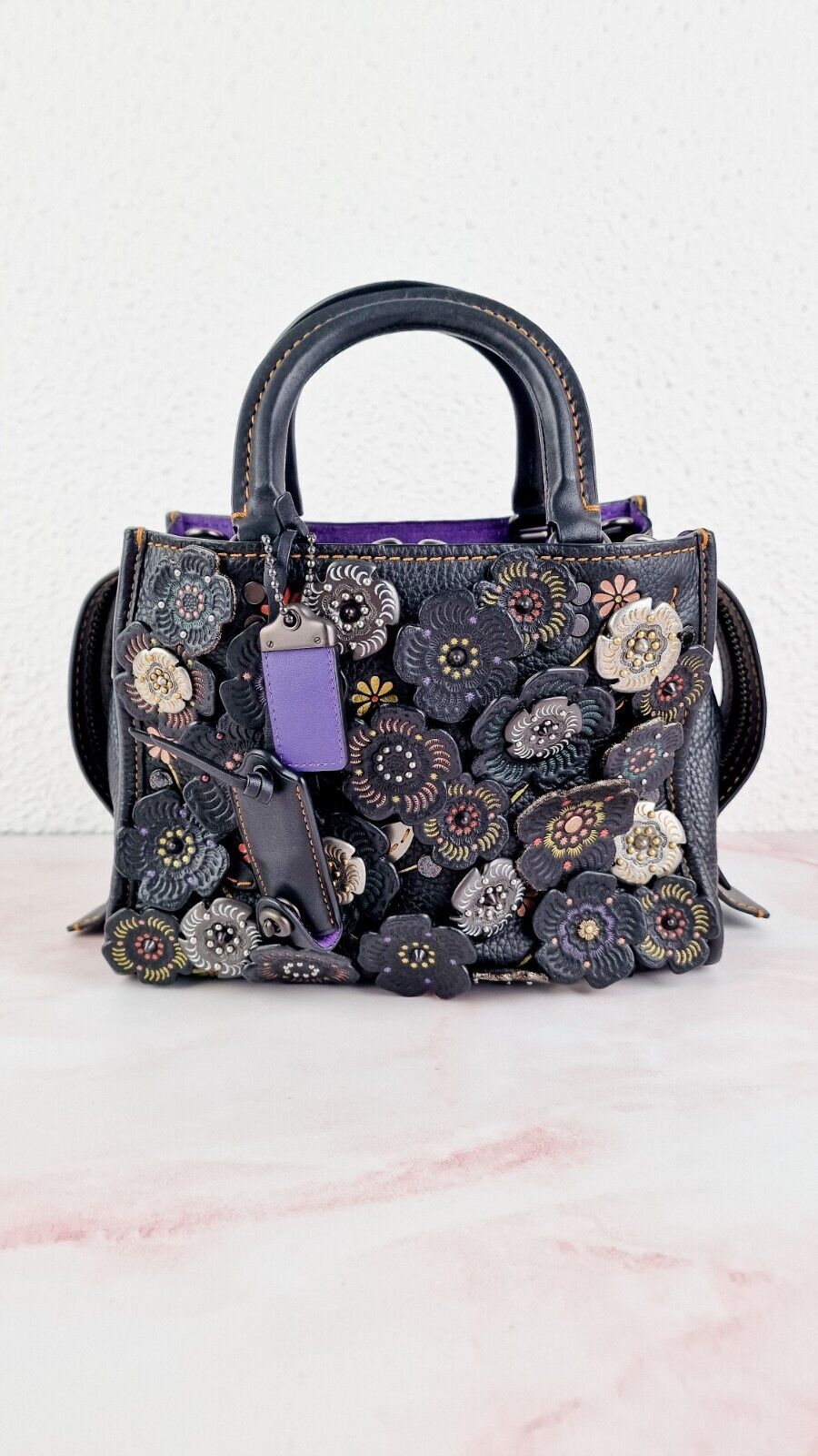 Coach Rogue 25 Tea Roses Black 1941 Purple Suede Leather 21587 Handbag Floral