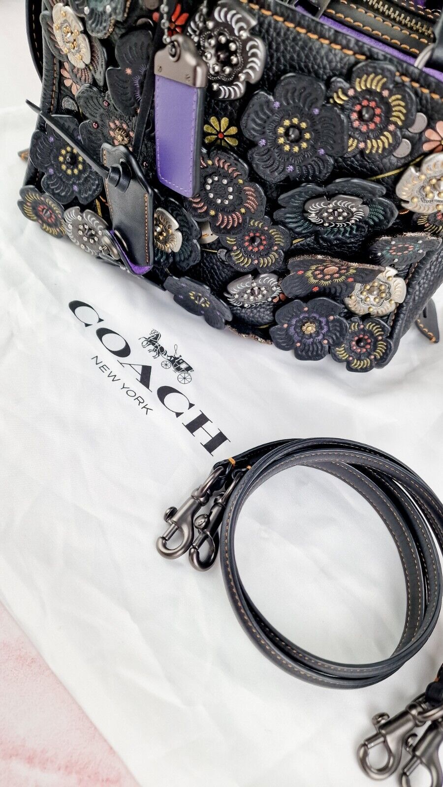 Coach Rogue 25 Tea Roses Black 1941 Purple Suede Leather 21587 Handbag Floral