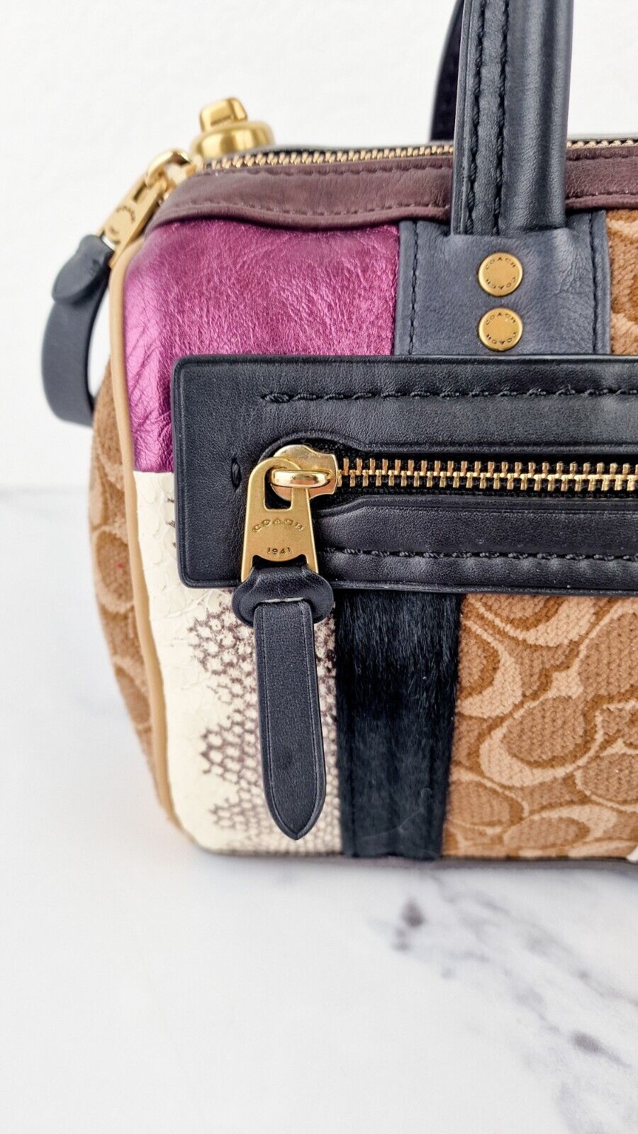 Coach 1941 Shuffle Bag Signature Multi stripe Patchwork Sample Jacquard Brown