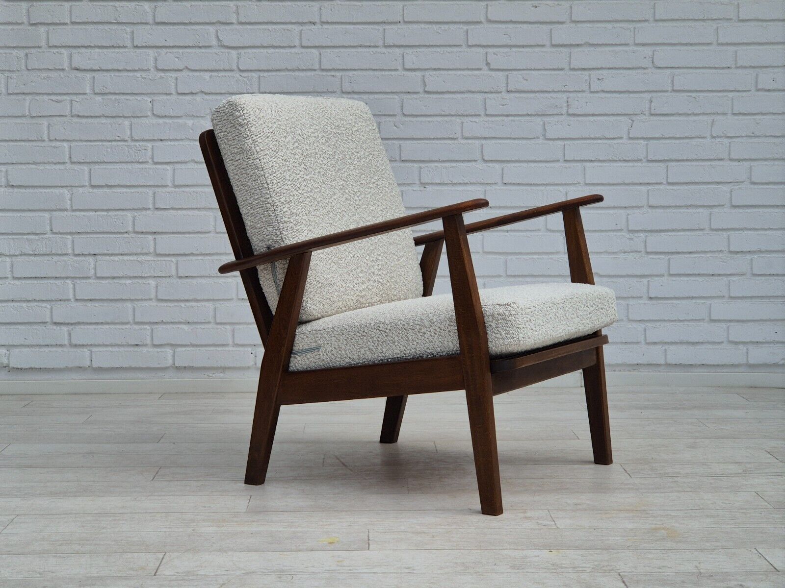 1960s Danish armchair refurbished in quality white/grey furniture fabric