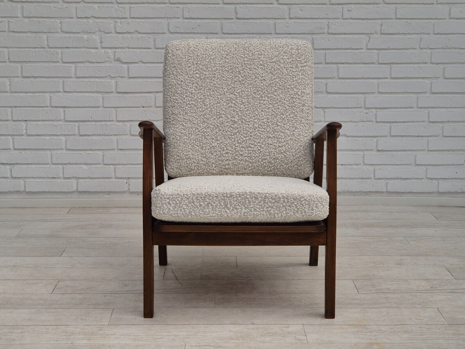 1960s Danish armchair refurbished in quality white/grey furniture fabric