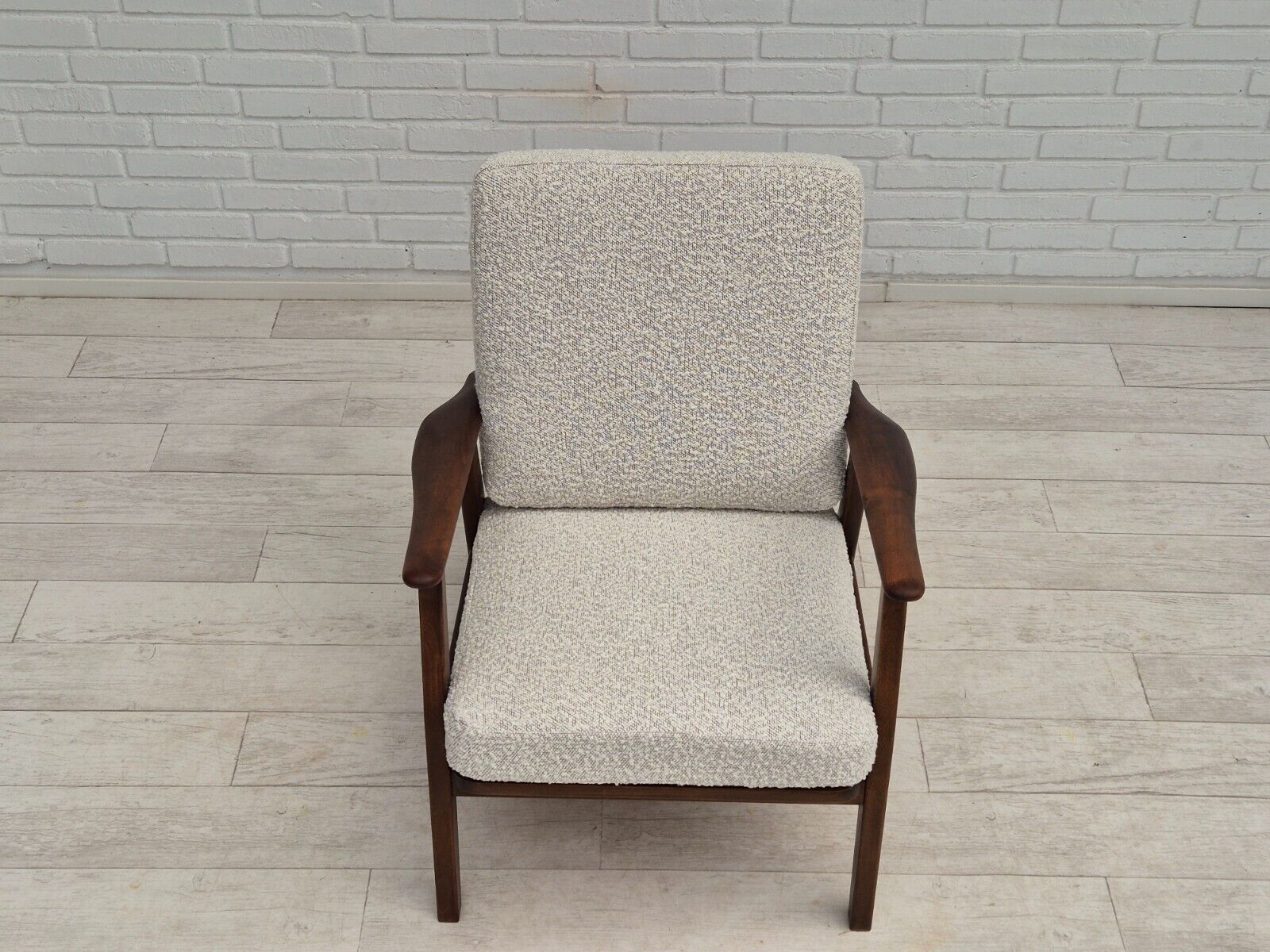 1960s Danish armchair refurbished in quality white/grey furniture fabric