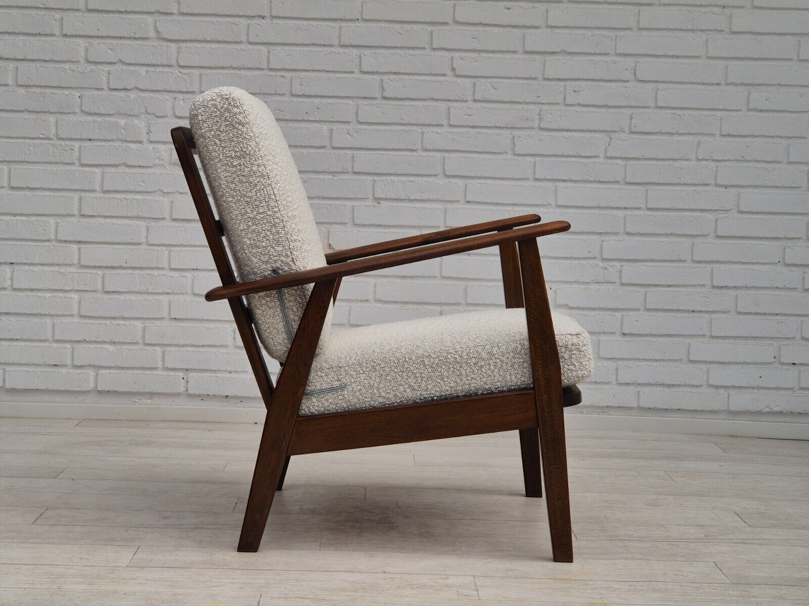 1960s Danish armchair refurbished in quality white/grey furniture fabric