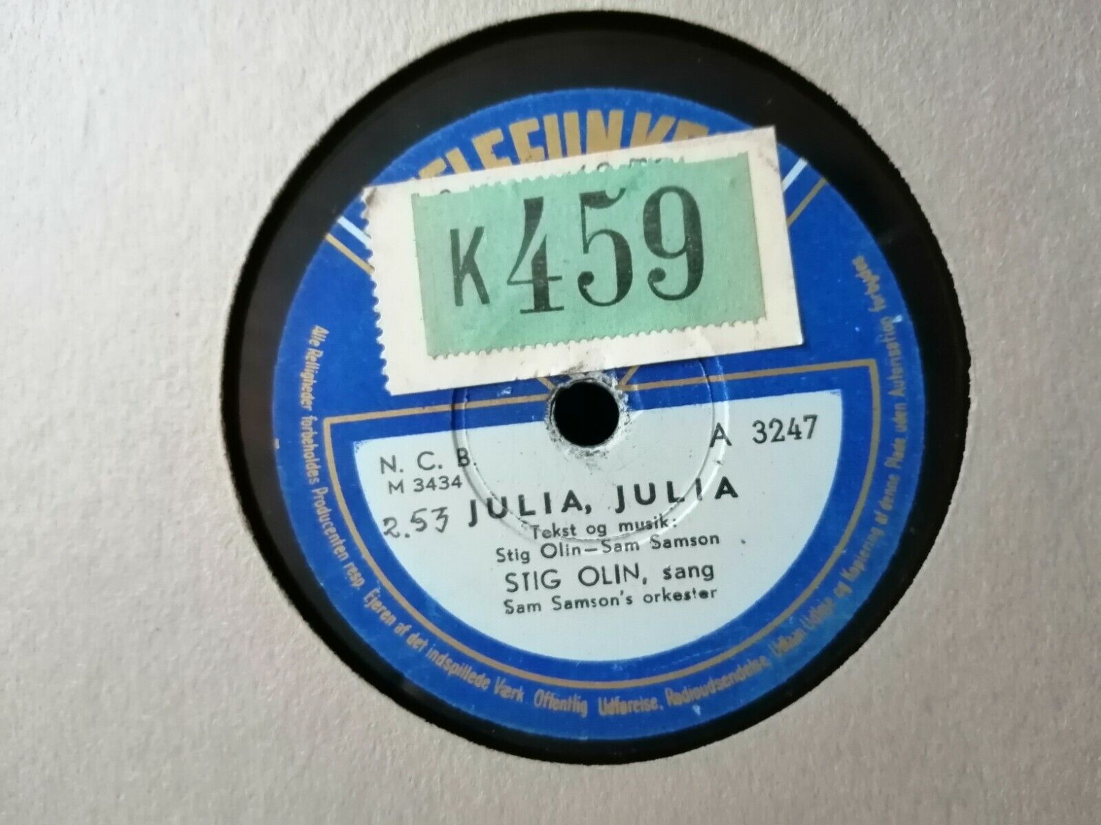 78 rpm shellac recordSTIG OLEN"JuliaJulia/ Under Äppelträdet" Telefunken