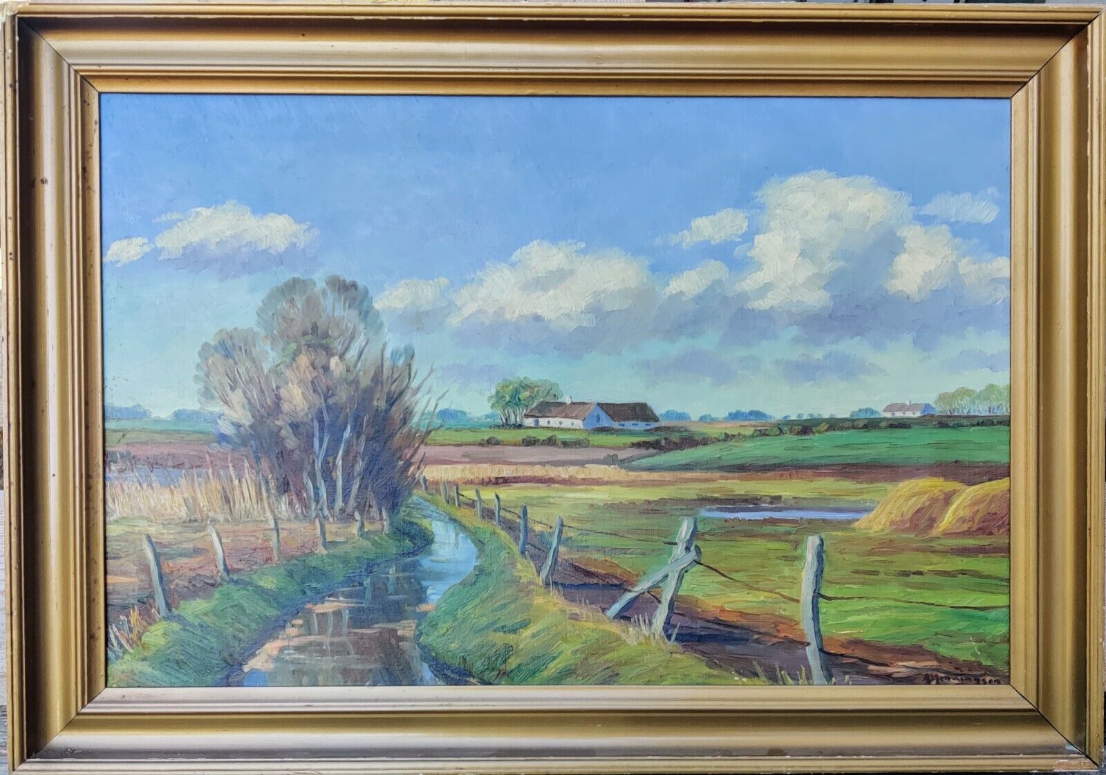 Niels A. Henningsen (1901-1977): LANDSCAPE WITH FARM, original oil painting.