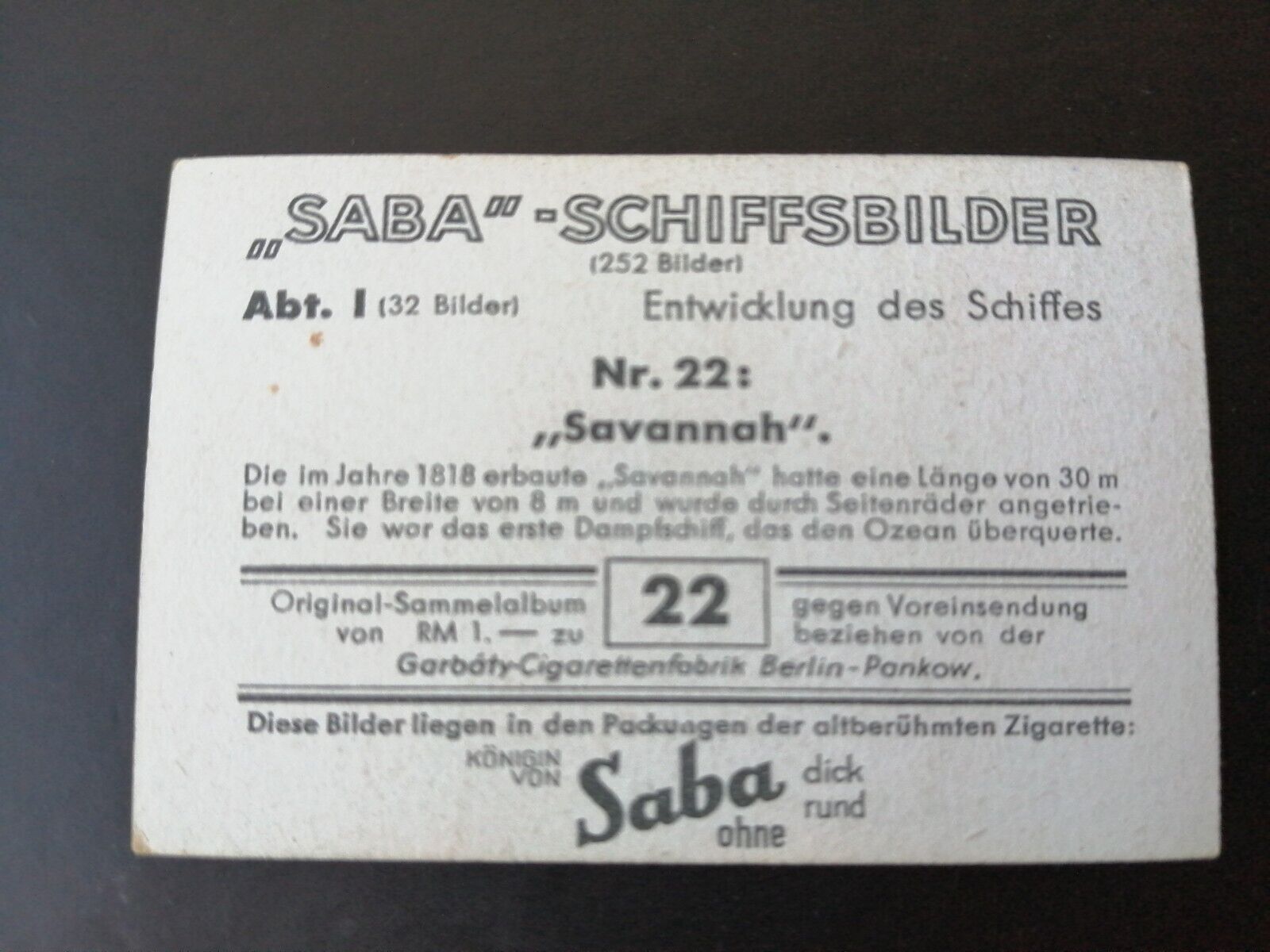 German SABA tobacco ship trading card 1931-33No 22 " Savannah" USA