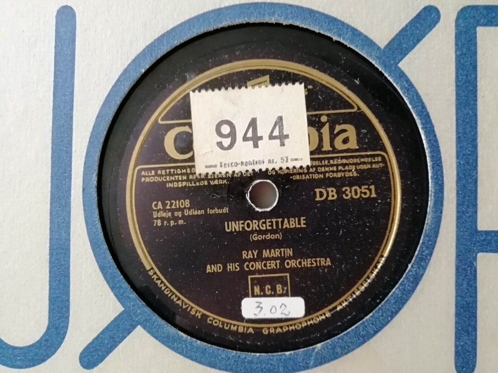 78rpm record:Ray MartinBlue Tango/UnforgettableColumbia DB 3051