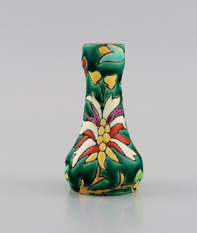 Longwy France Art Deco vase in glazed stoneware with hand-painted flowers