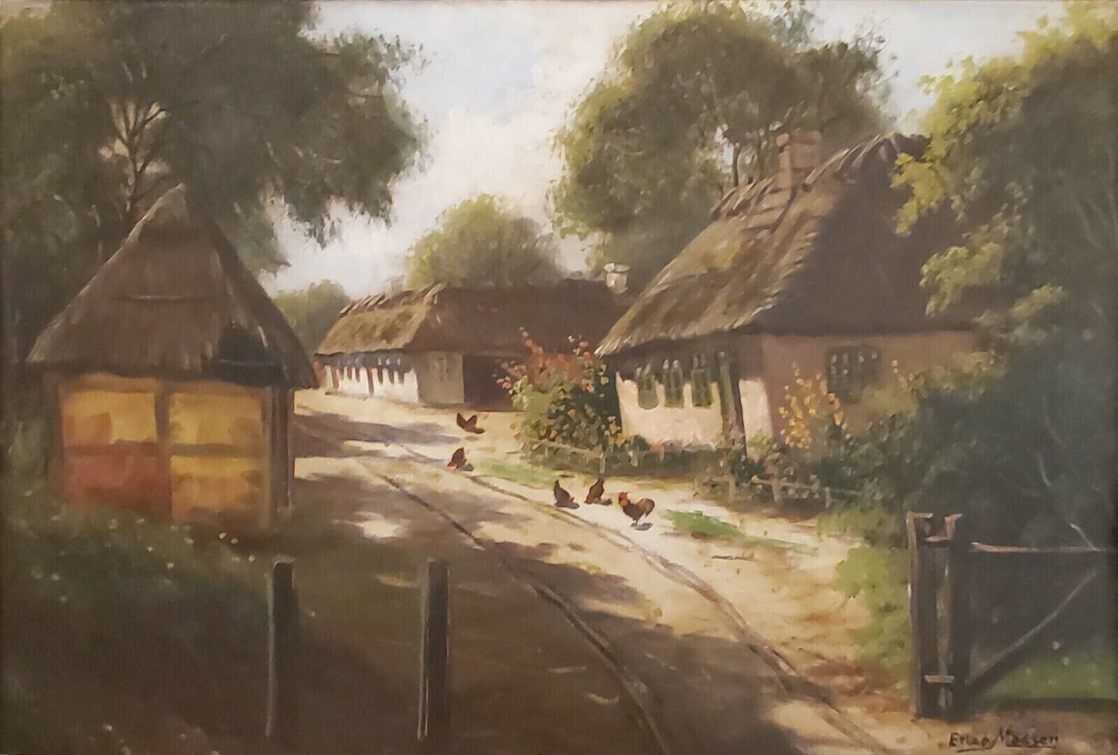 Hens in front of a village cottage - Ölgemälde / oil painting