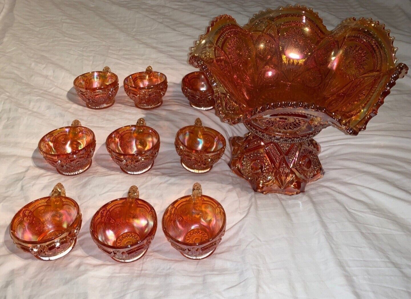 IMPERIAL HOBSTAR vintage marigold carnival glass punch bowl and 9 cups