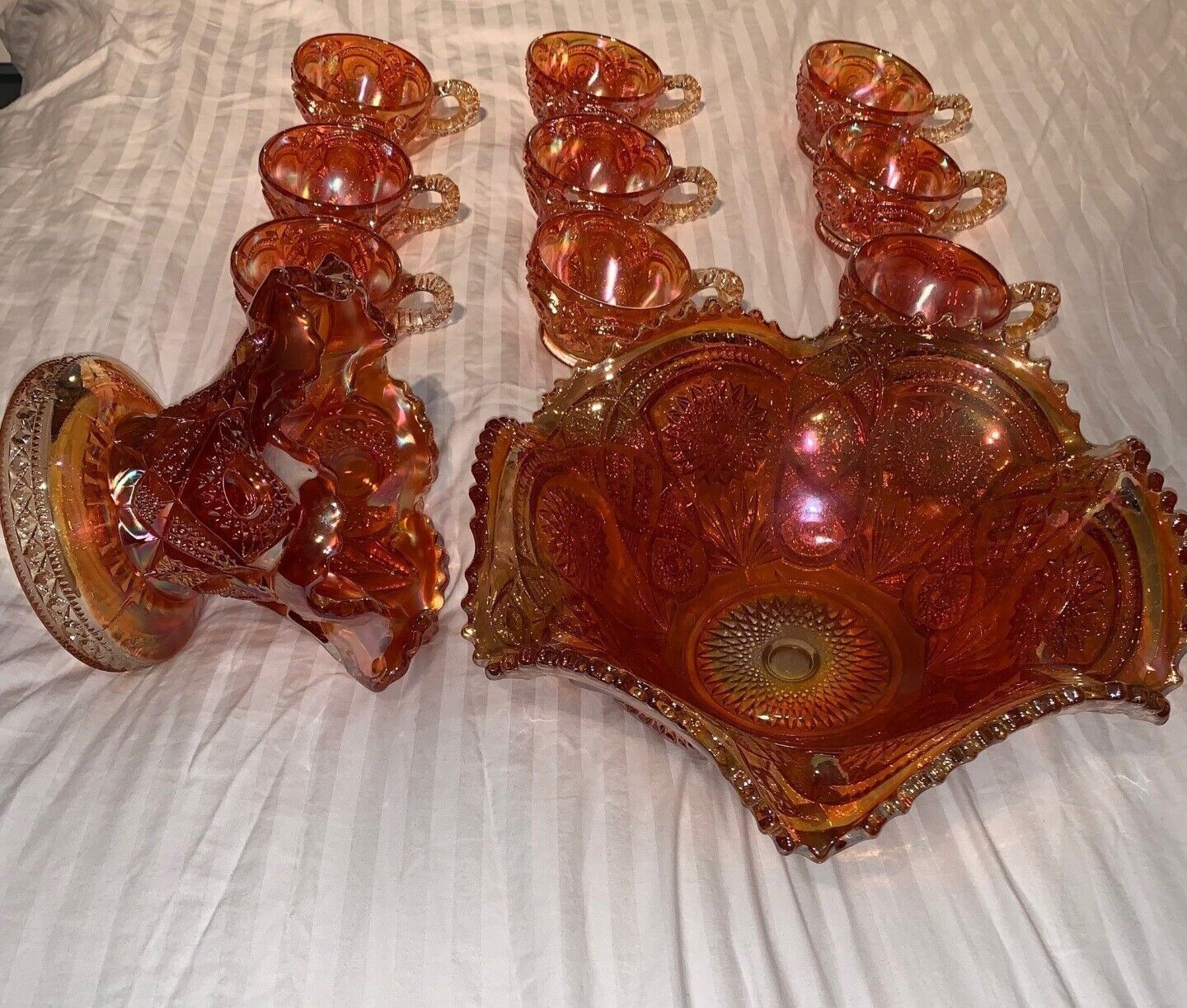 IMPERIAL HOBSTAR vintage marigold carnival glass punch bowl and 9 cups