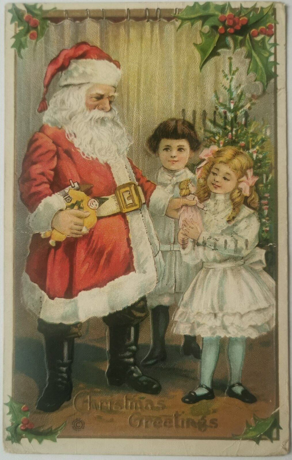 Merry Christmas postcard: Santa Claus gives presents to the girls pok1126