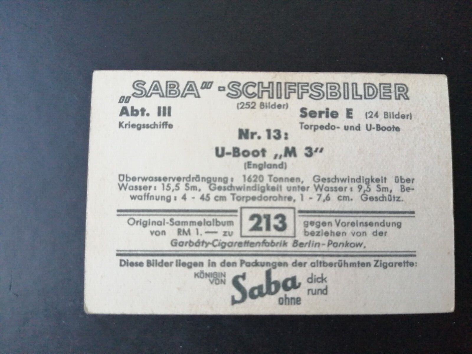 German SABA tobacco ship trading card 1931-33No 213 Submarine "M 3" England