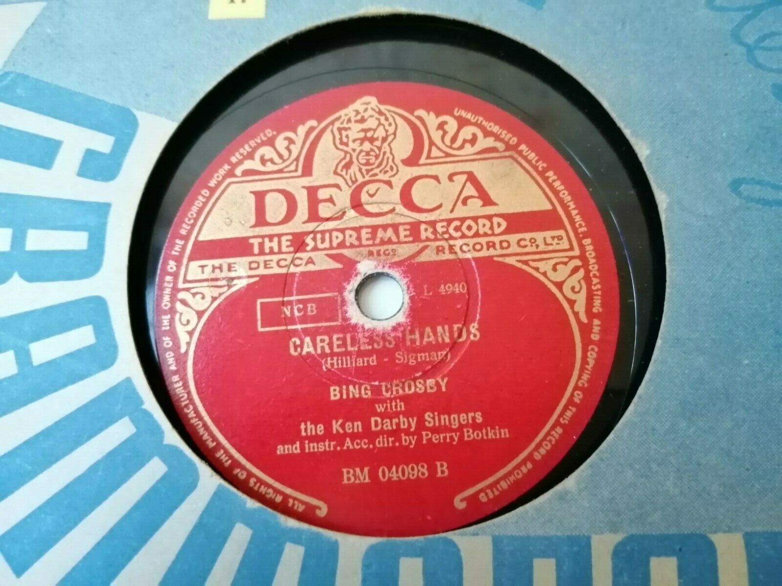 78 RPM  shellacBING CROSBYRiders In The Sky / Careless Hands Decca BM04098 B