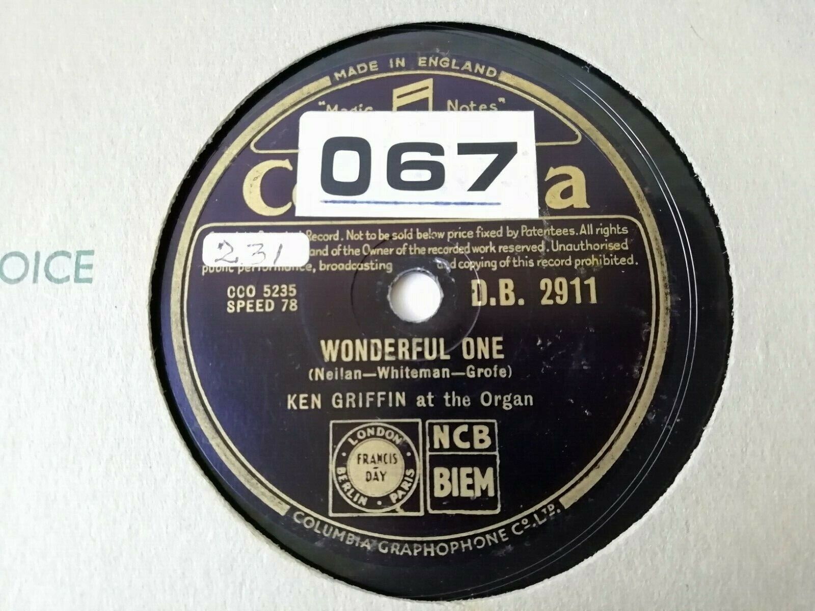 78 rpm :Ken Griffin at the organWonderful OneTogether Columbia DB2911