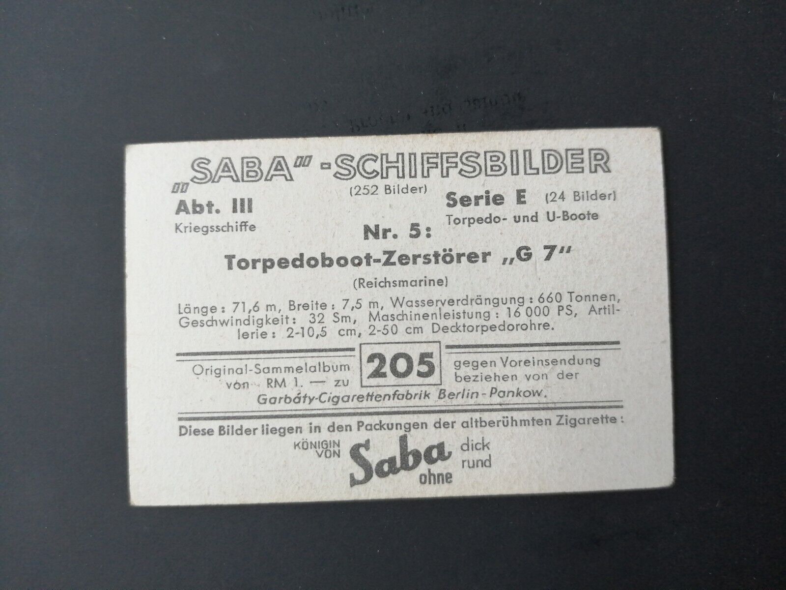 German SABA tobacco ship trading card 1931-33No 205 "G 7 " Destroyer