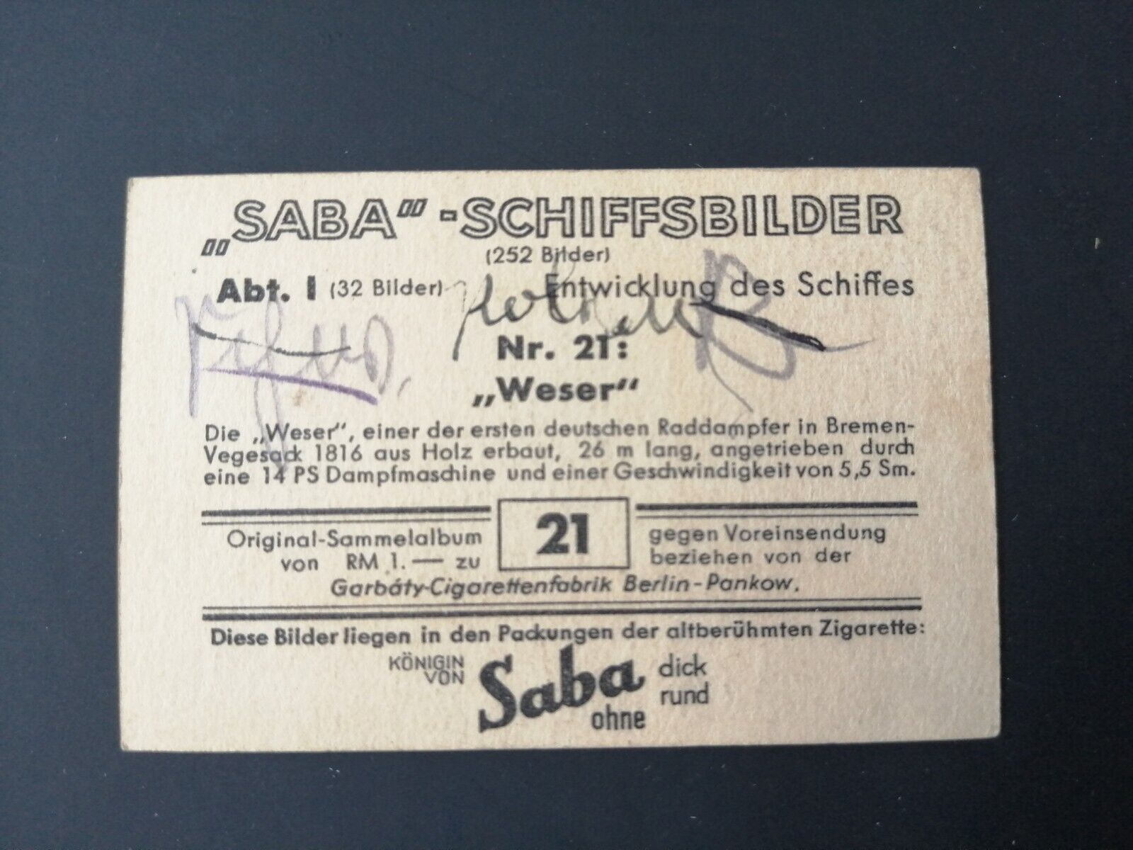 German SABA tobacco ship trading card from 1931-33No 21 "Weser" 1816