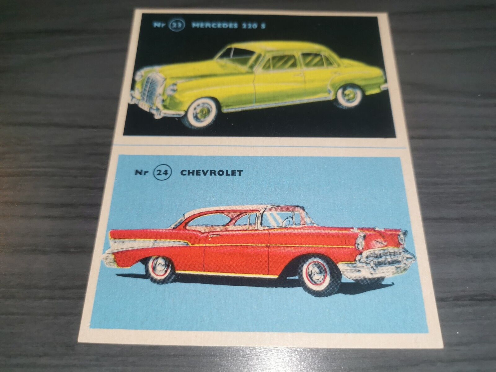 Mercedes 220s - Chervolet Car card hjemmets samleserie 1957 UNCUT SHEET #23 #24