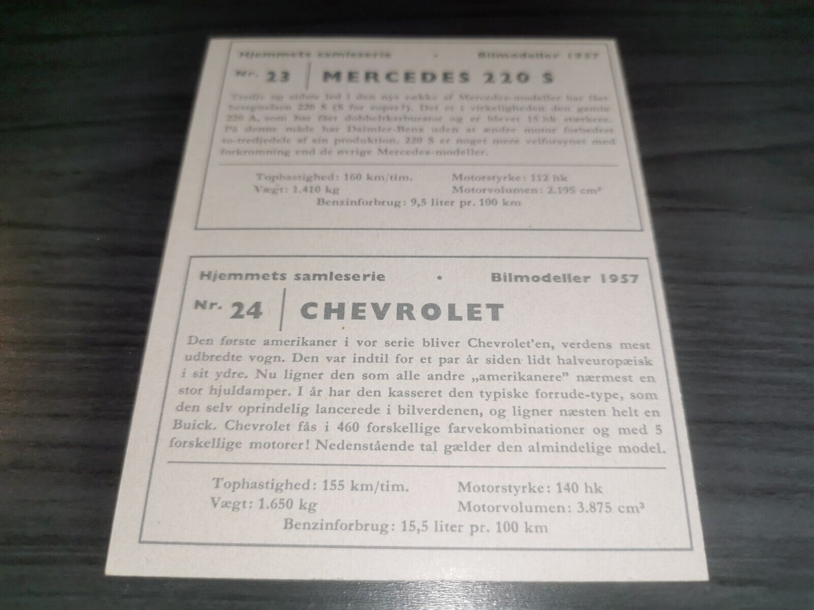 Mercedes 220s - Chervolet Car card hjemmets samleserie 1957 UNCUT SHEET #23 #24