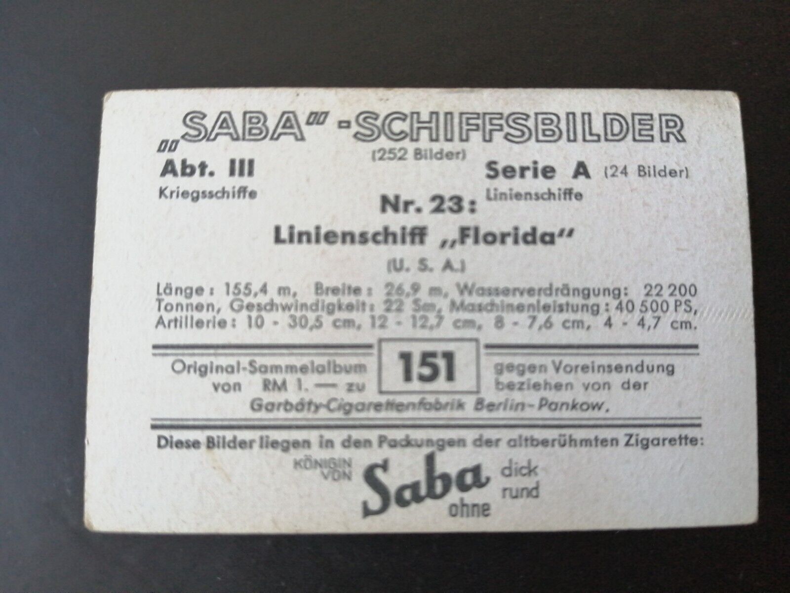 German SABA tobacco ship trading card 1931-33No 23 Linienschiff "Florida" USA