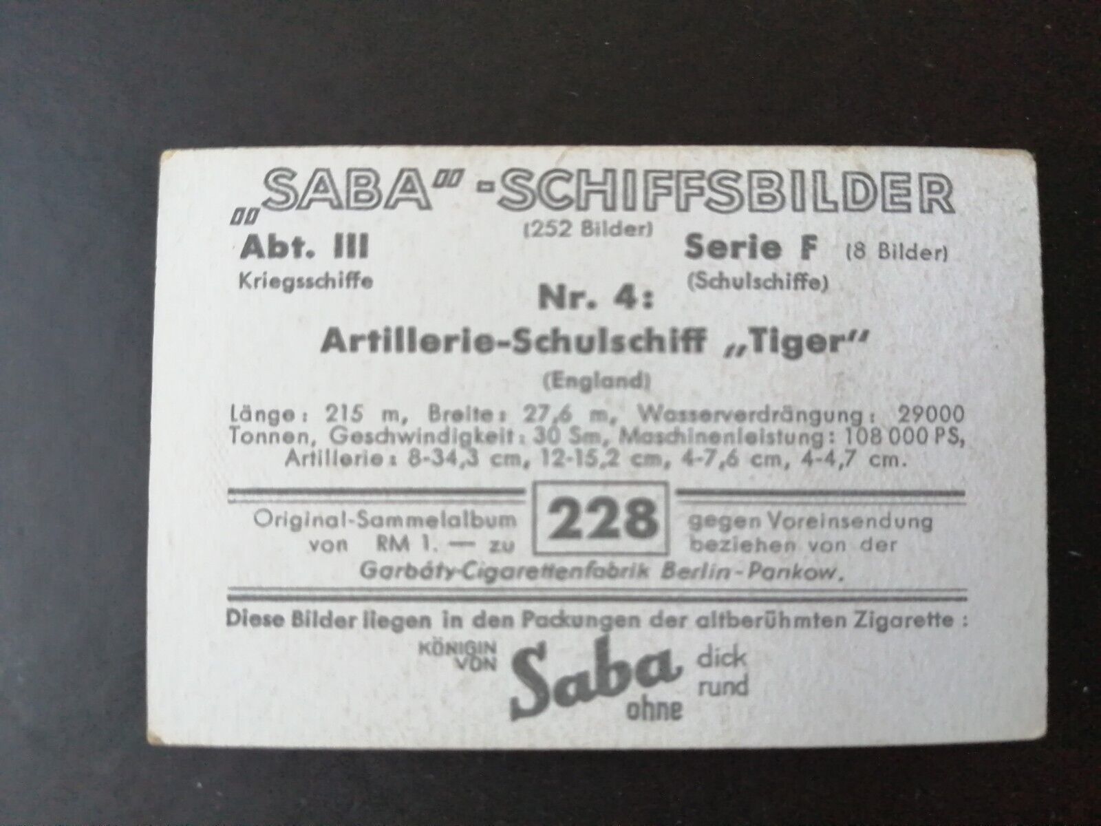 German SABA tobacco ship trading card 1931-33No 228 "Tiger" England