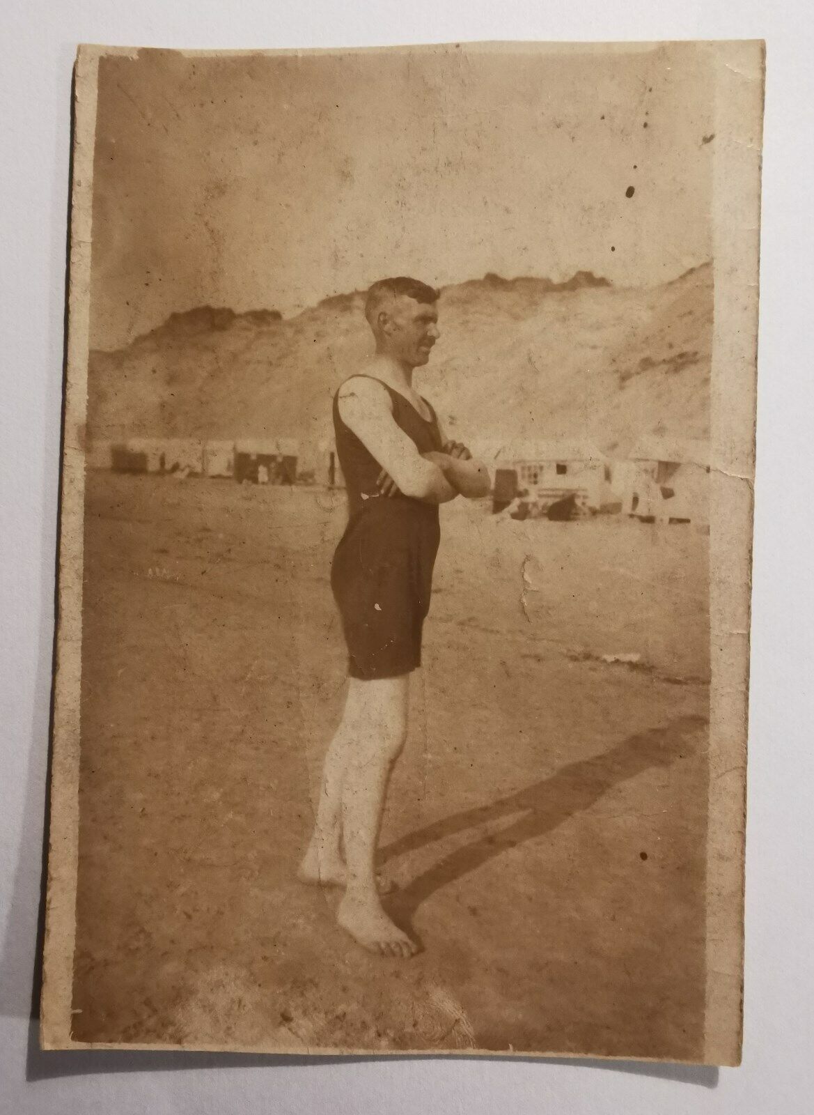 Vintage photo postcard: Handsome young man in swimsuit on beach c 1910 Pok1169