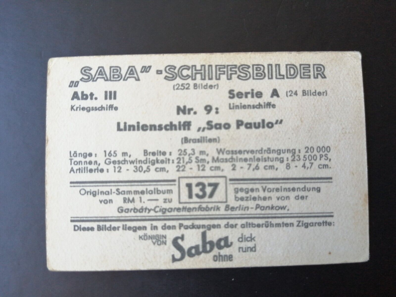 German SABA tobacco ship trading card 1931-33No 137 "Sao Paulo" Brazil