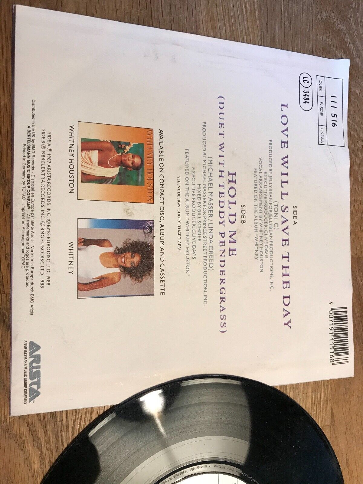 WHITNEY HOUSTON "LOVE WILL SAVE THE DAY/HOLD ME" ARISTA RECORDS 1987 GERMAN PRES