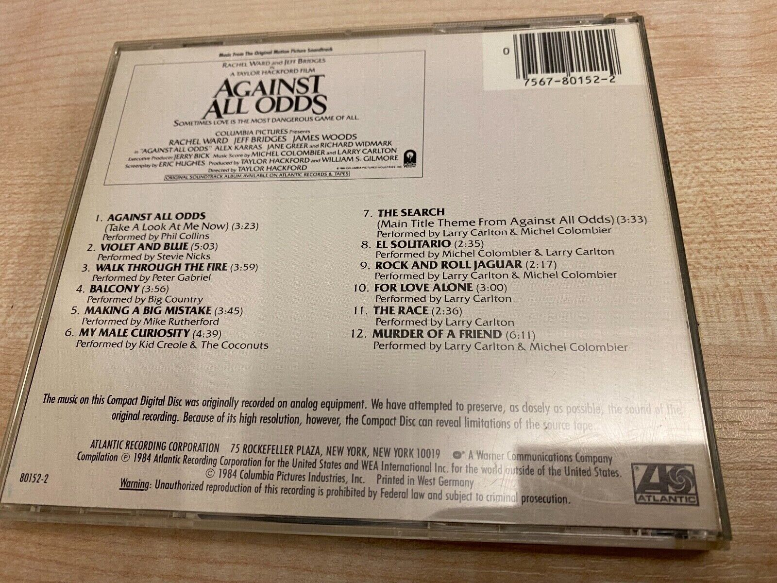 ORIGINAL SOUNDTRACK "AGAINST ALL ODDS" 1984 CD ALBUM 12 TRACK ATLANTIC 1 PRESS*