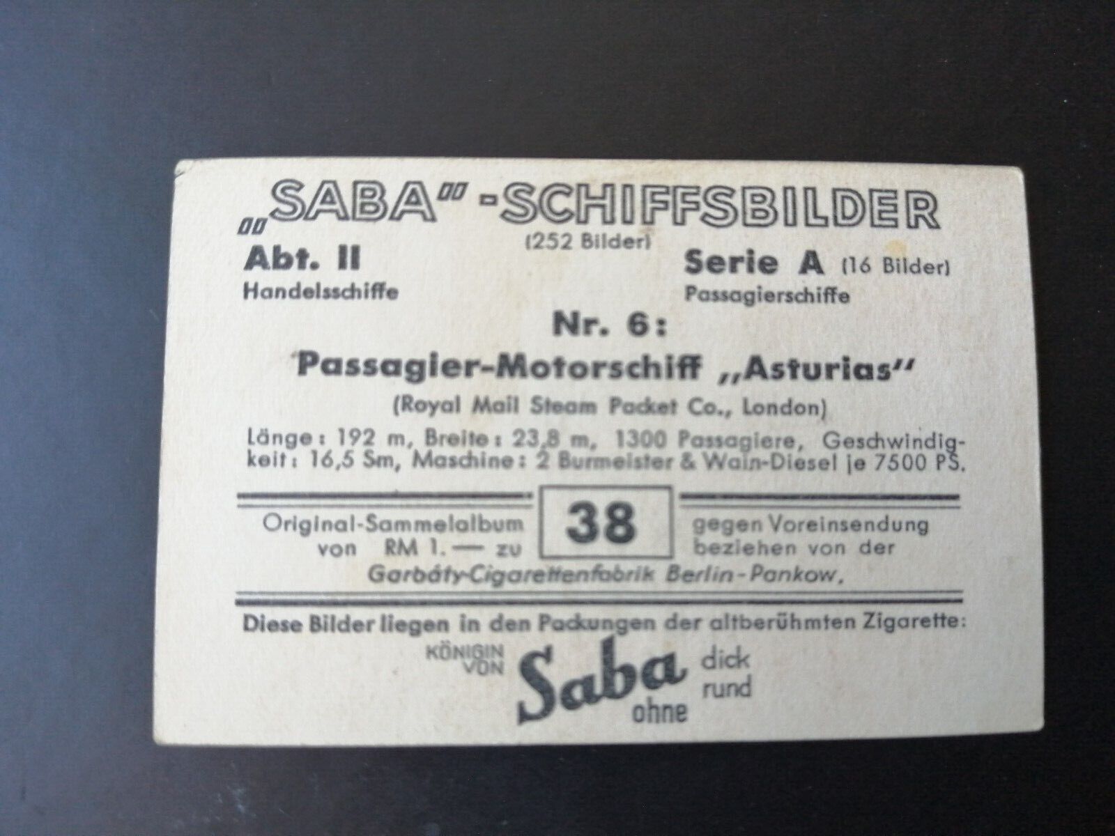 German SABA tobacco ship trading card 1931-33No 38"Asturias" London