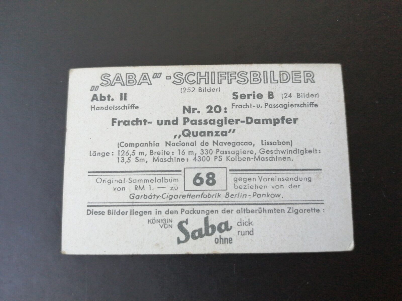 German SABA tobacco ship trading card 1931-33No 68"Quanza" Portugal