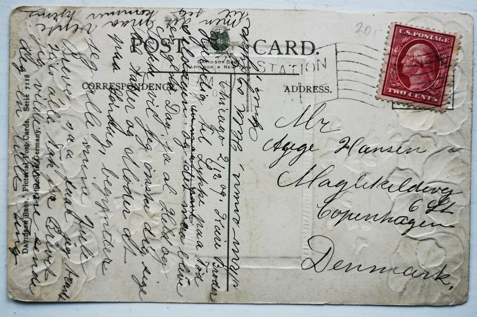 Vintage postcard:  American birthday card sent to Denmark in 1909  pok1125