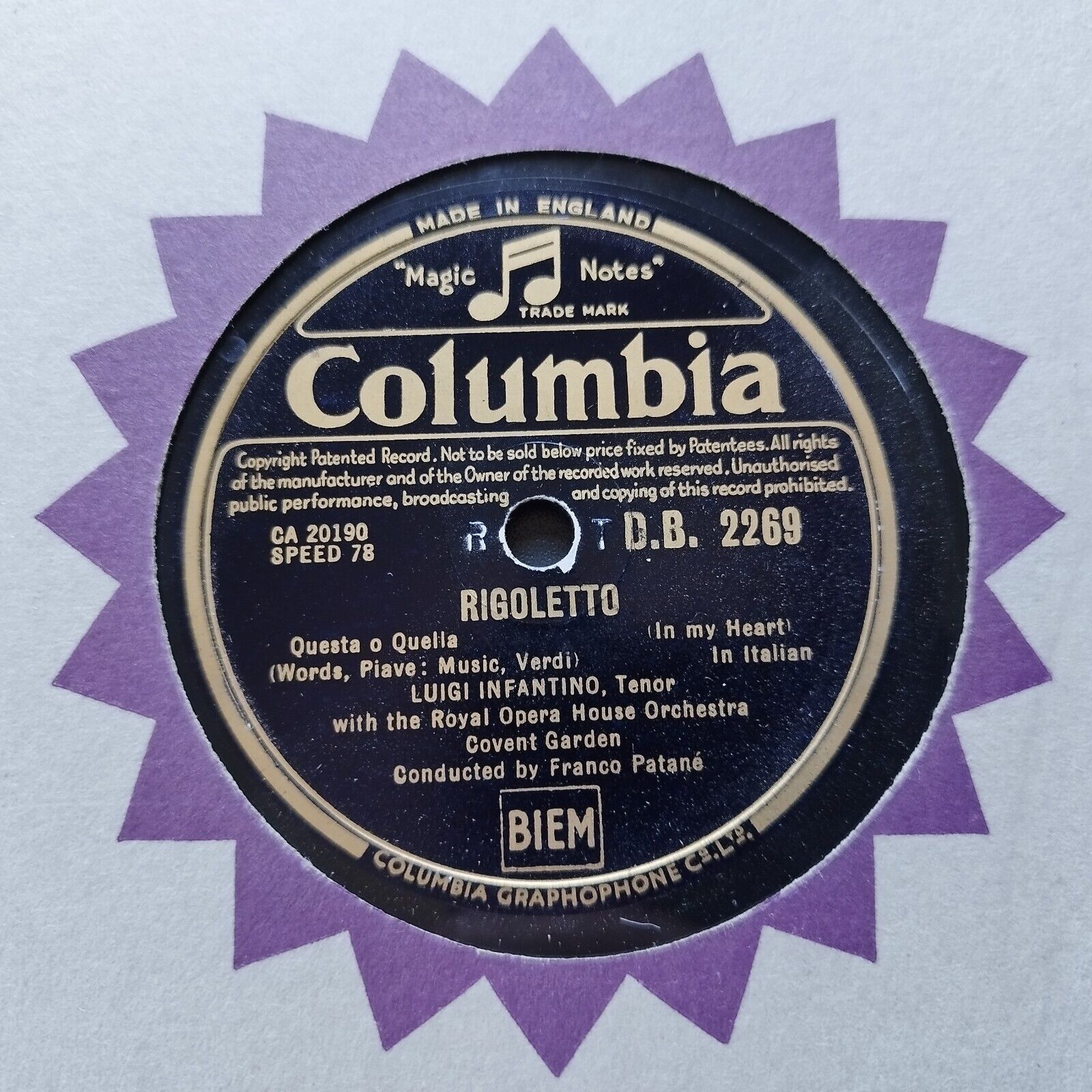 78 RPM  shellacLUIGI INFANTINO Rigoletto Covent GardenColumbia DB2269