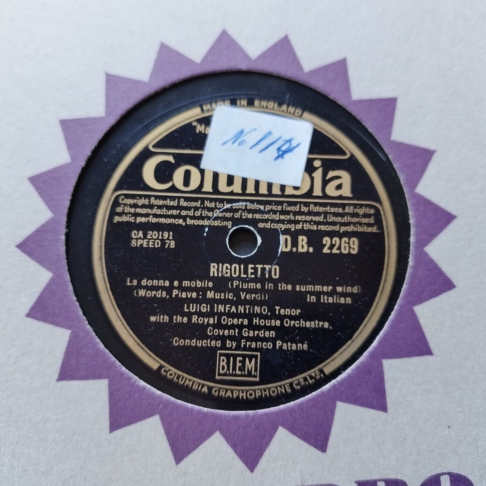 78 RPM  shellacLUIGI INFANTINO Rigoletto Covent GardenColumbia DB2269