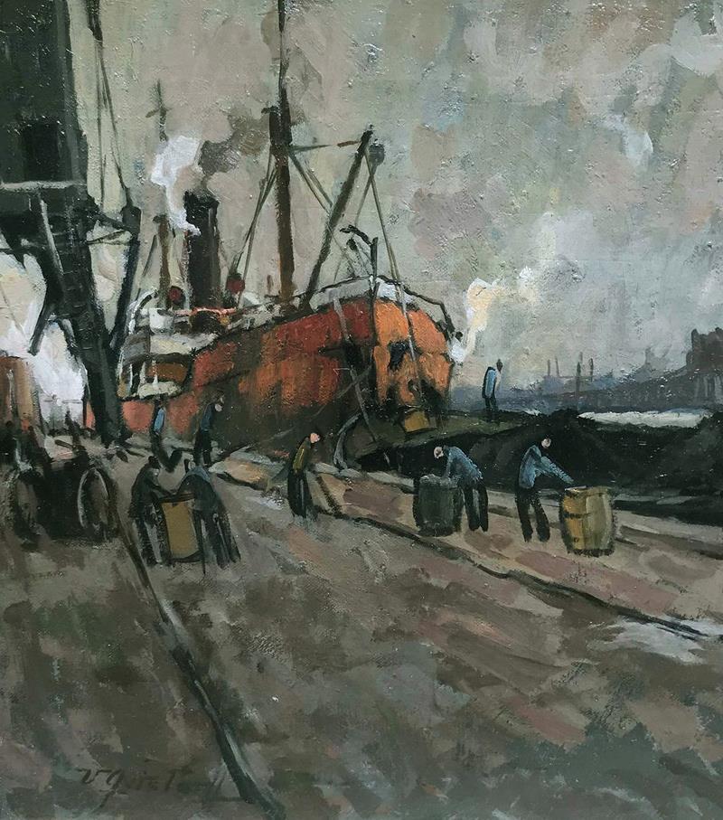 Victor Qvistorff (1883)  Evening Dockyard scene with barrels and figures 1920s