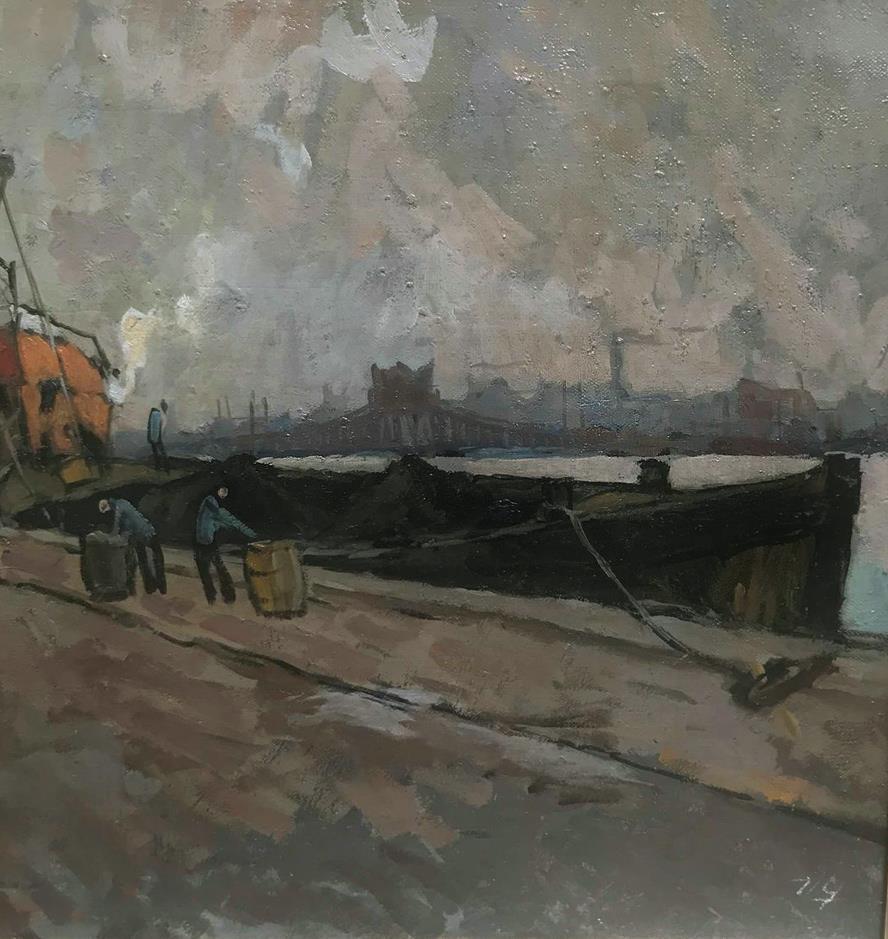 Victor Qvistorff (1883)  Evening Dockyard scene with barrels and figures 1920s