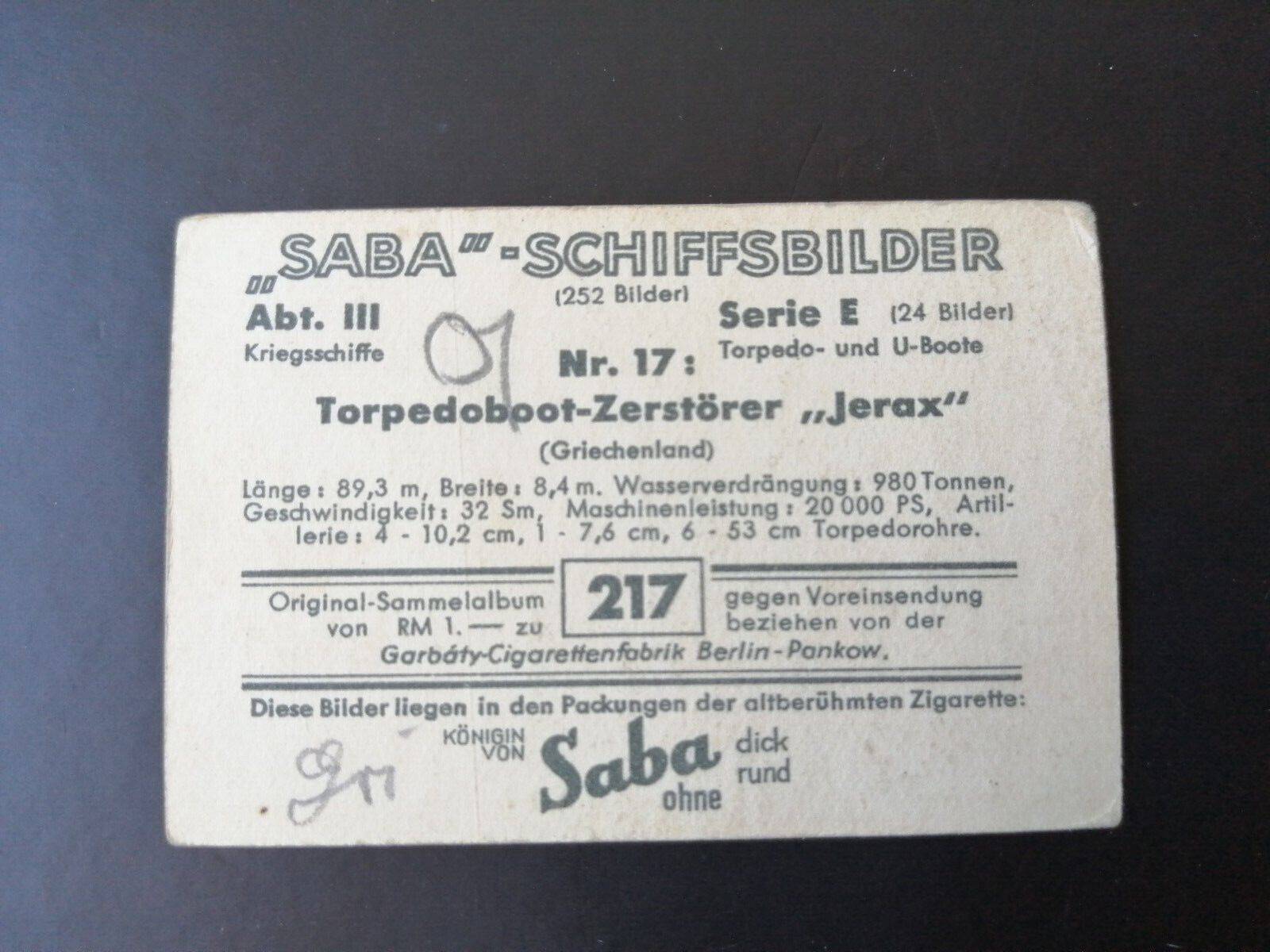 German SABA tobacco ship trading card 1931-33No 217"Jerax" Greece