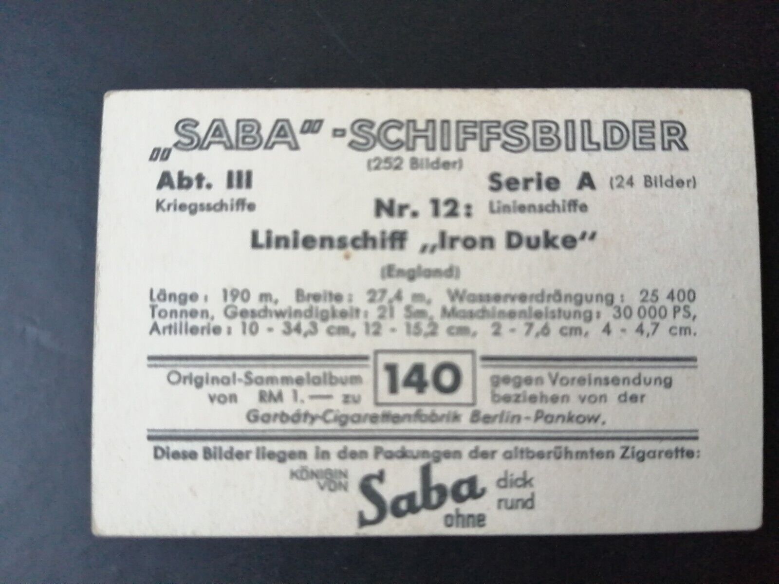 German SABA tobacco ship trading card 1931-33No 140 " Iron Duke" England