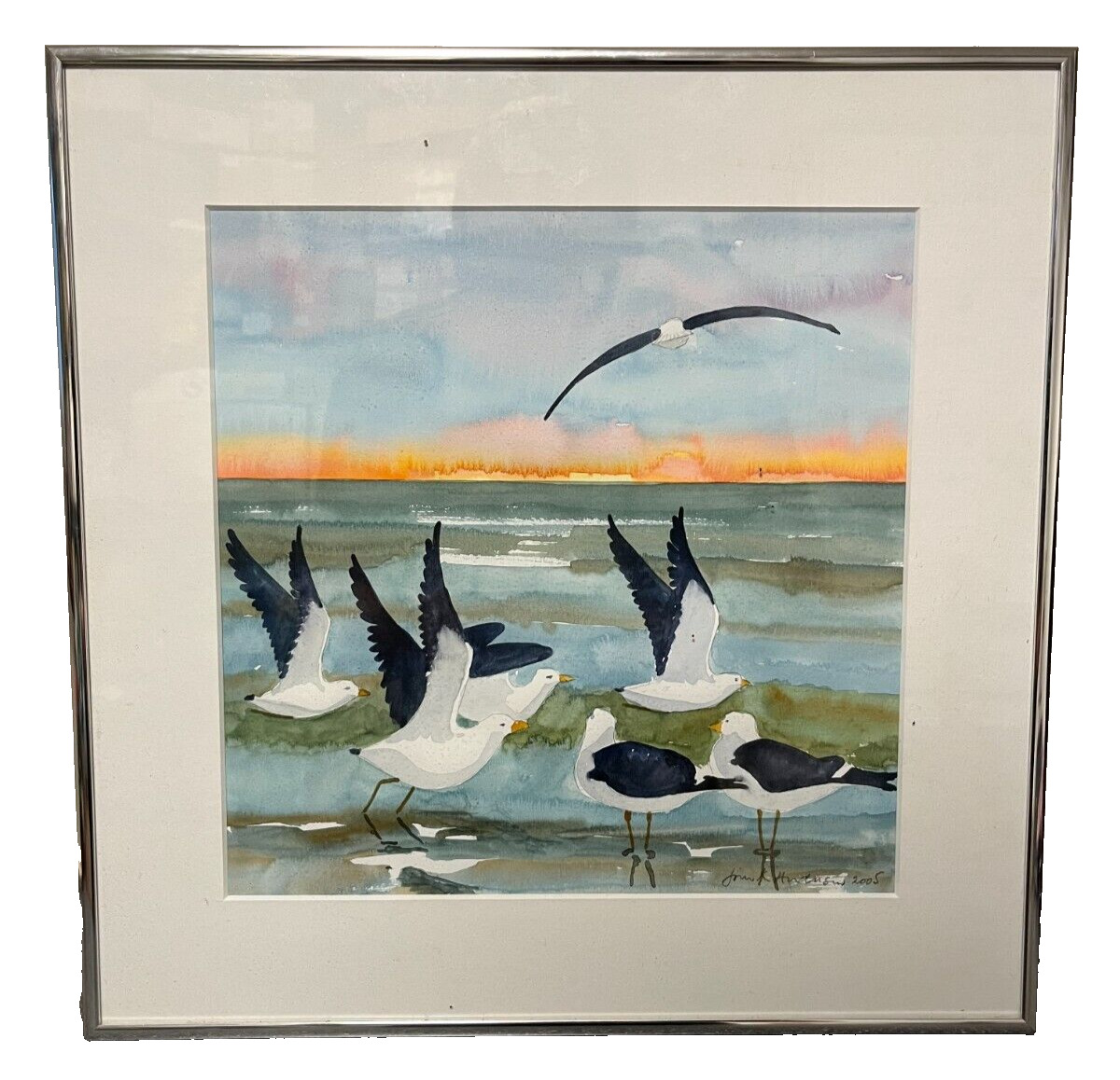 Jørn K Andersen Original Watercolor 2005 | Seagulls at Sunset | 40x40 cm Framed