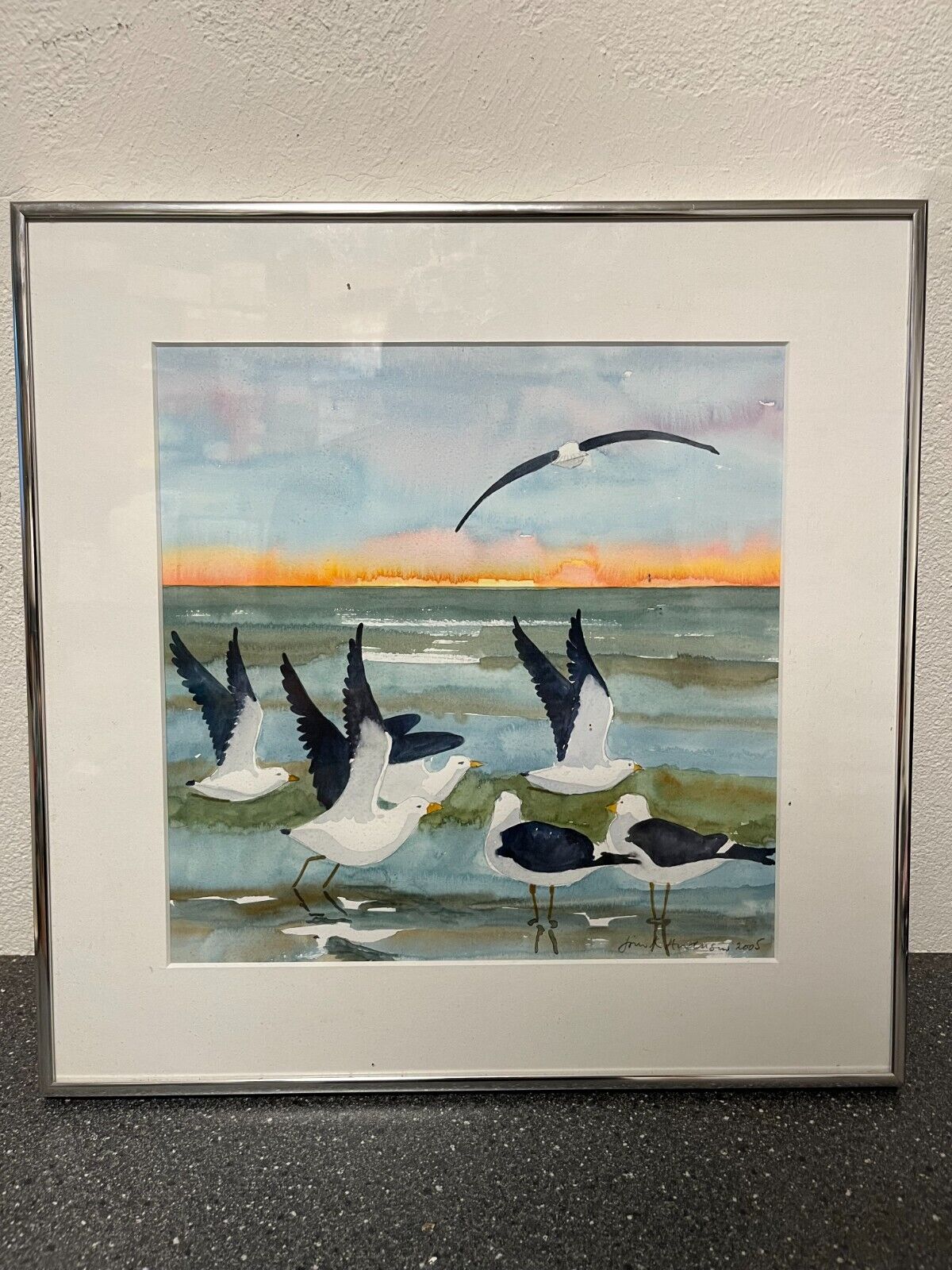 Jørn K Andersen Original Watercolor 2005 | Seagulls at Sunset | 40x40 cm Framed