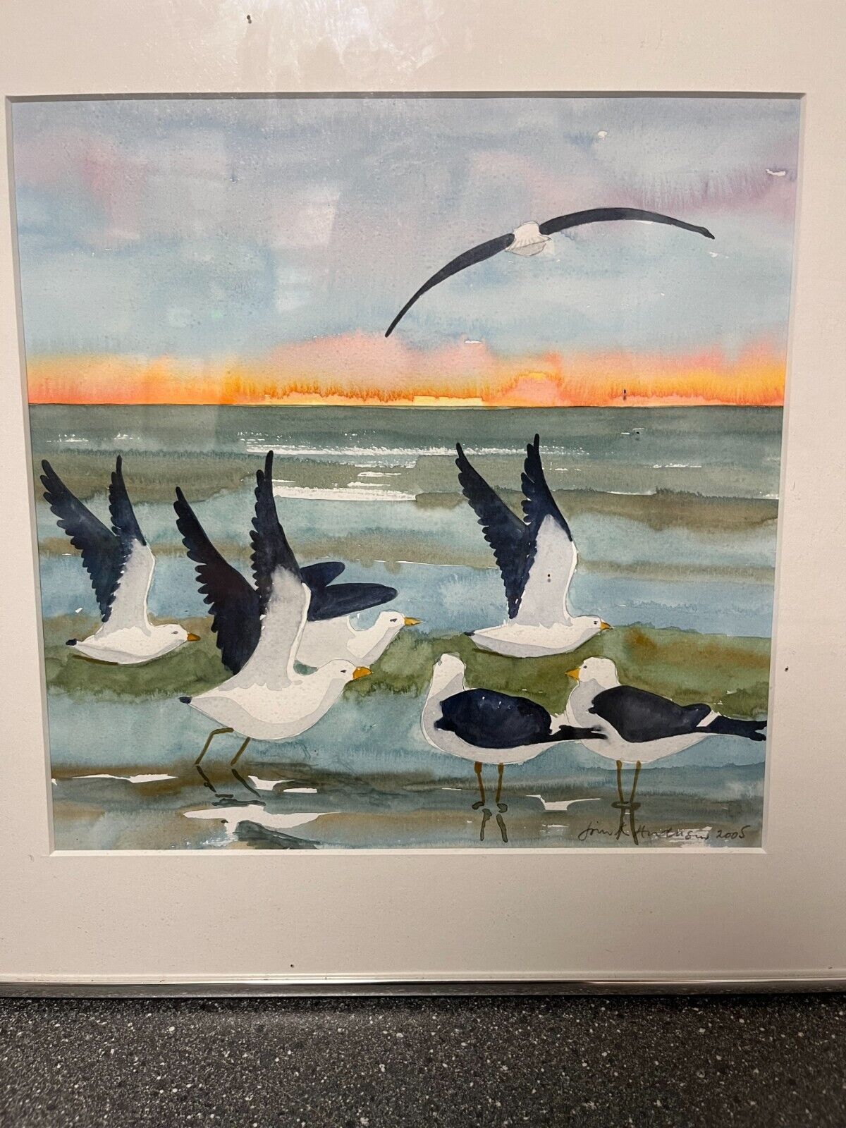 Jørn K Andersen Original Watercolor 2005 | Seagulls at Sunset | 40x40 cm Framed