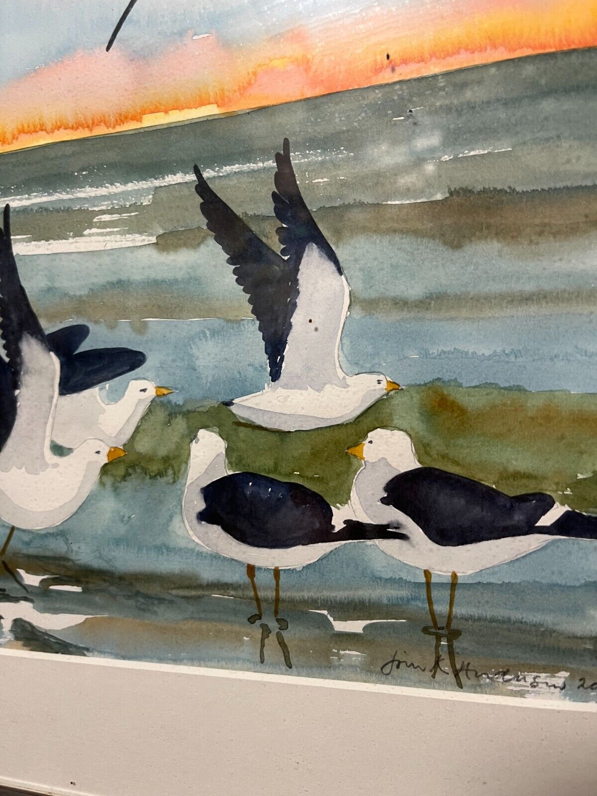 Jørn K Andersen Original Watercolor 2005 | Seagulls at Sunset | 40x40 cm Framed