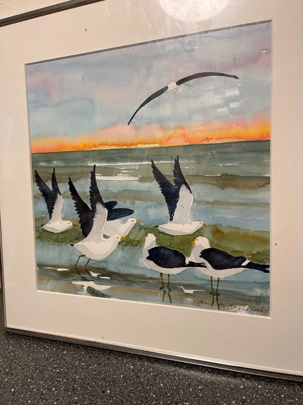 Jørn K Andersen Original Watercolor 2005 | Seagulls at Sunset | 40x40 cm Framed