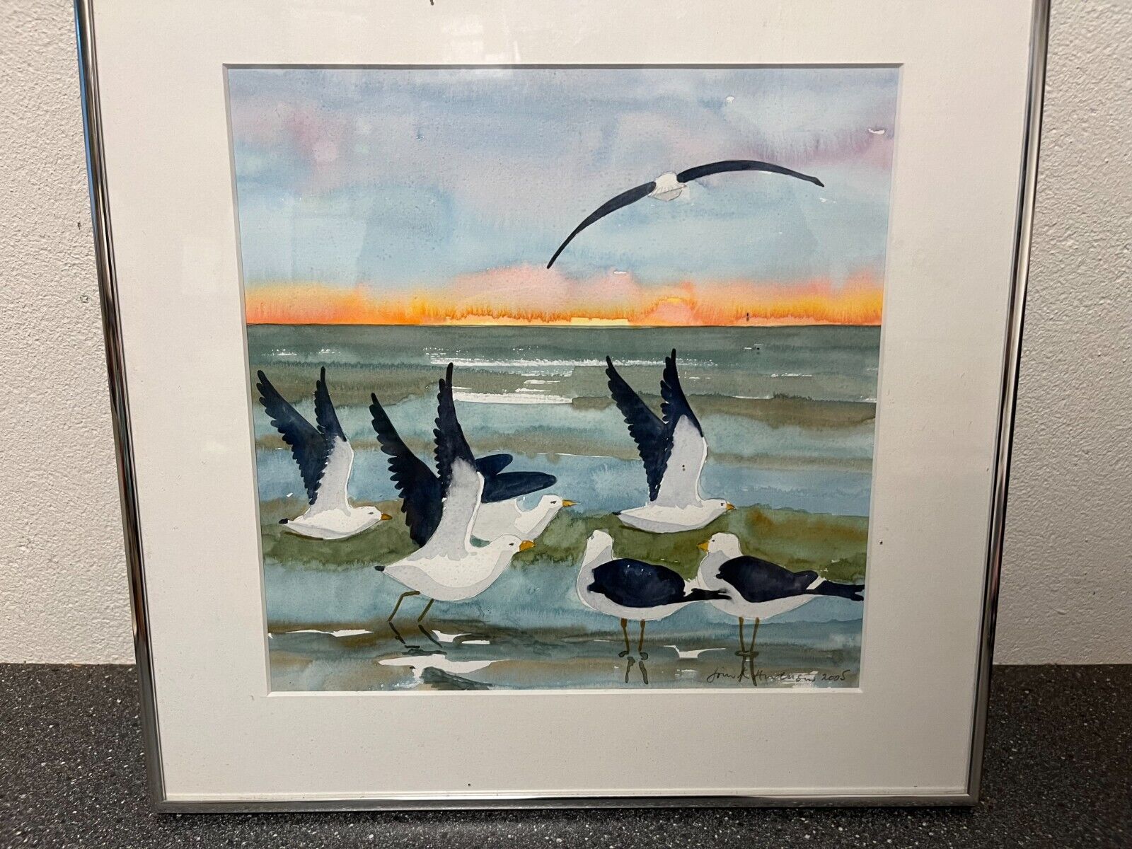 Jørn K Andersen Original Watercolor 2005 | Seagulls at Sunset | 40x40 cm Framed