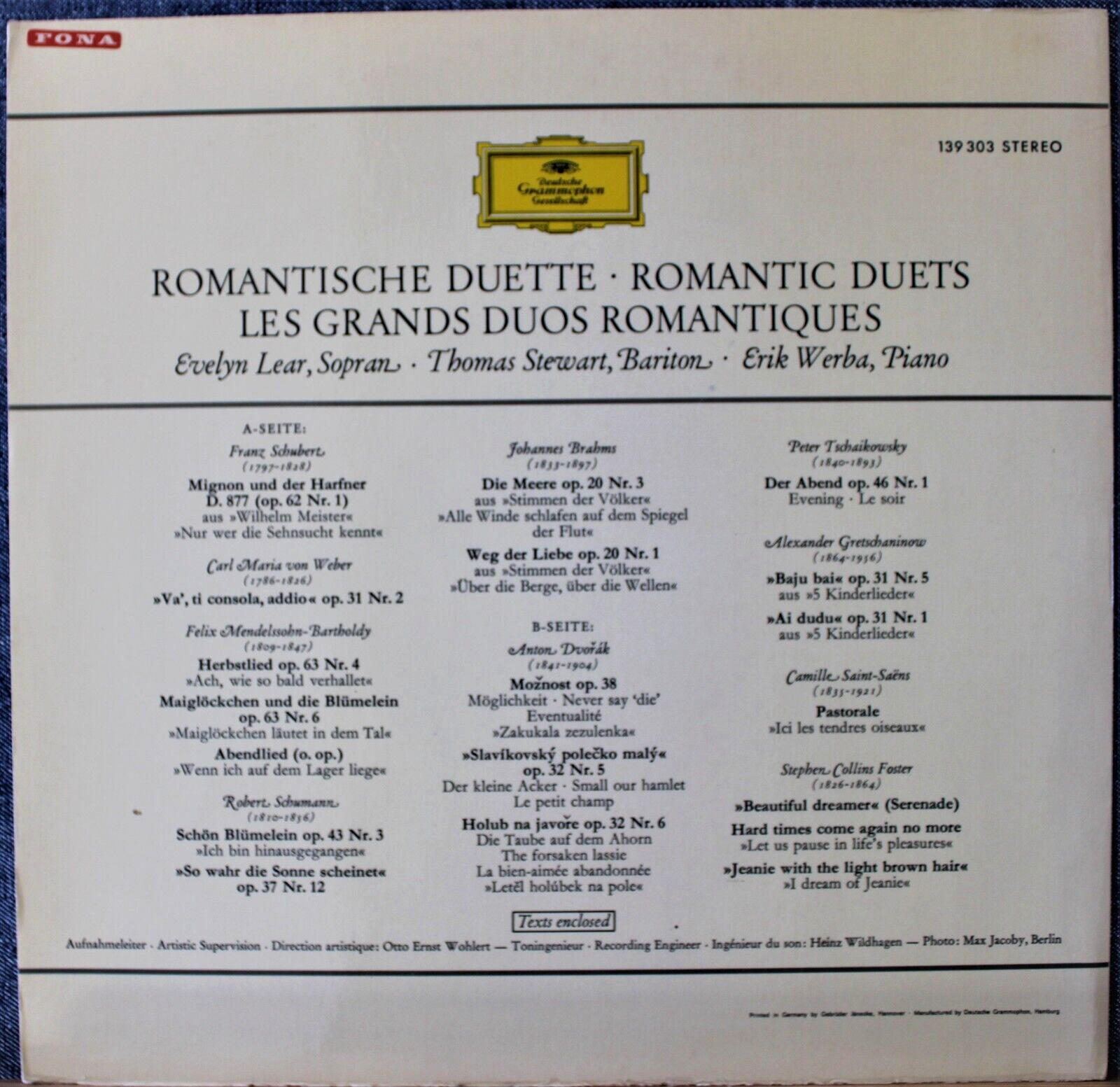 Lear; Stewart; Werba Romantic Duets (Lieder) DGG 139 303 tulip NM