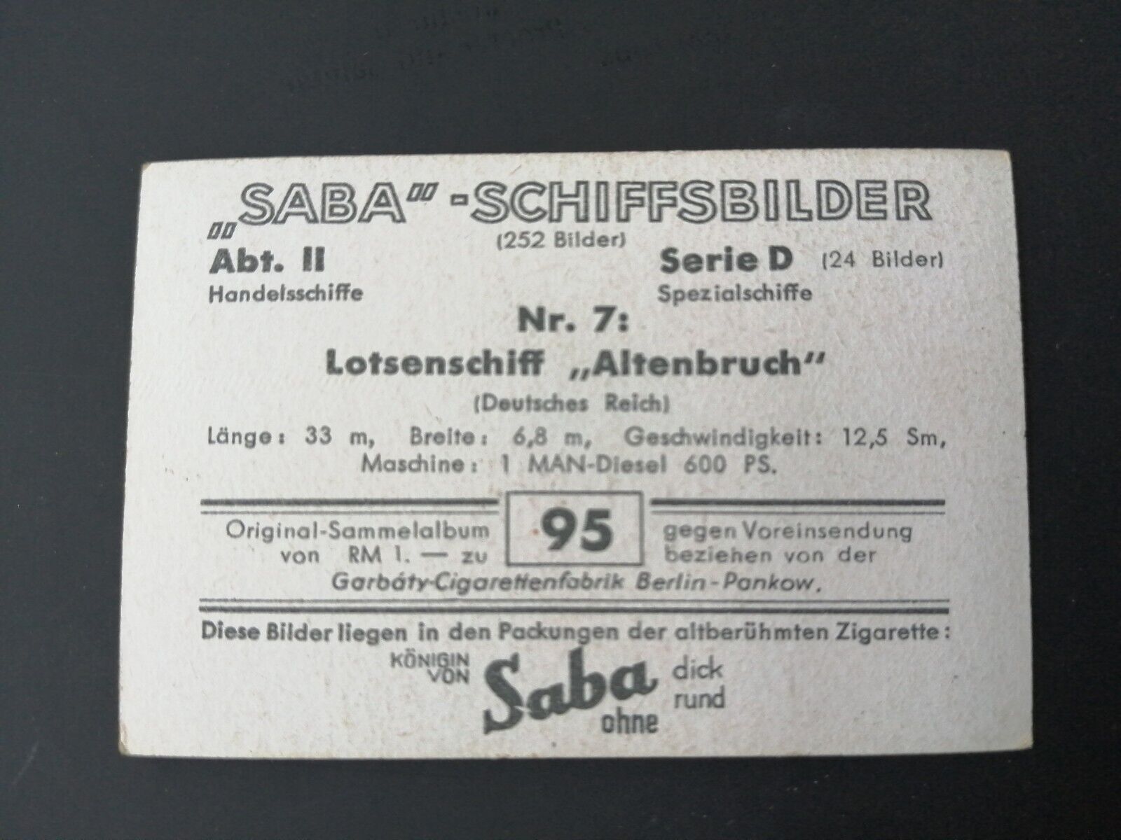 German SABA tobacco ship trading card 1931-33No 95 Lotsenschiff "Altenbruch"