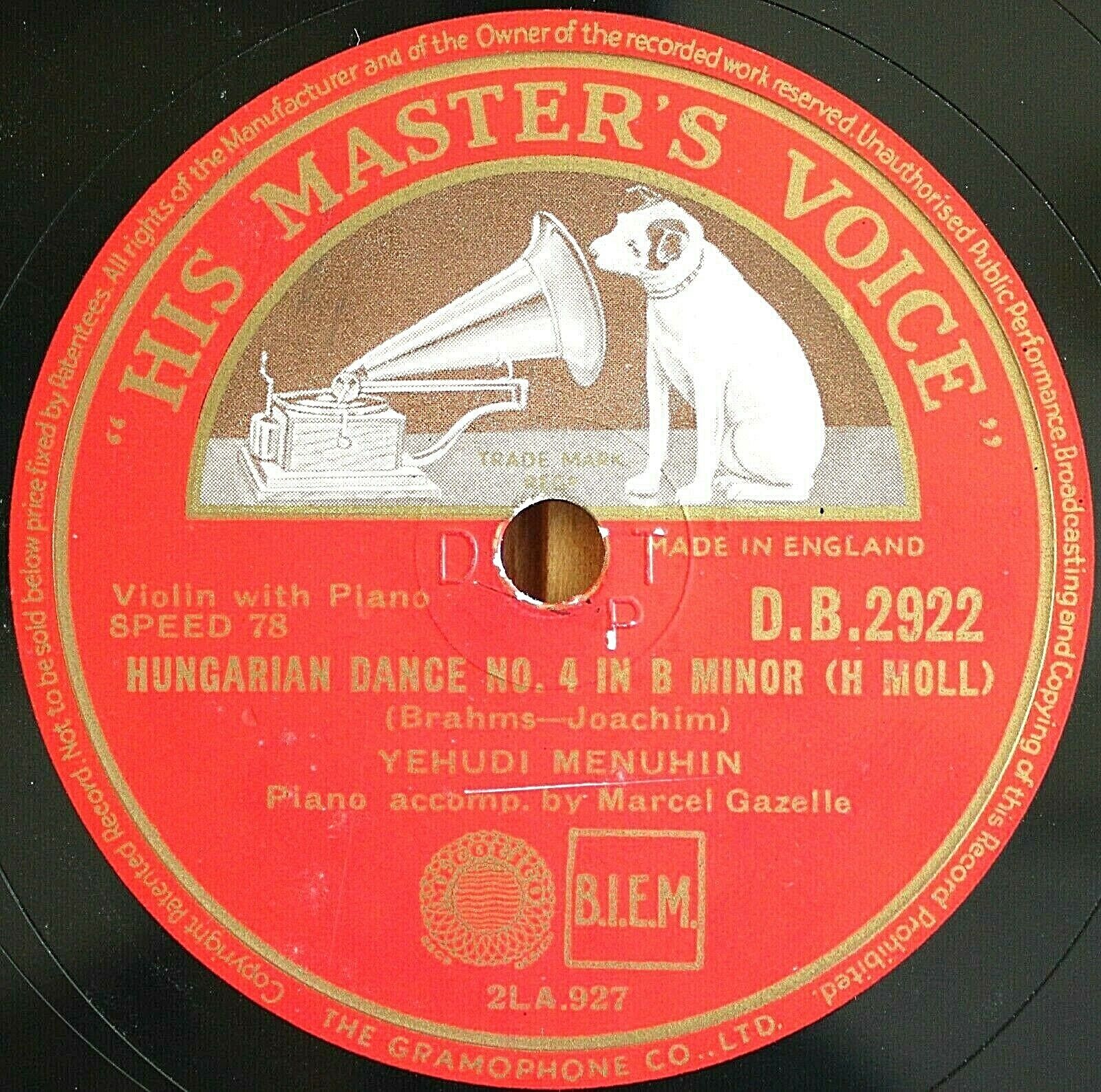 Menuhin; Gazelle Dvorak (Slavonic Dances 2 + 4) HMV DB 2922 NM(-)