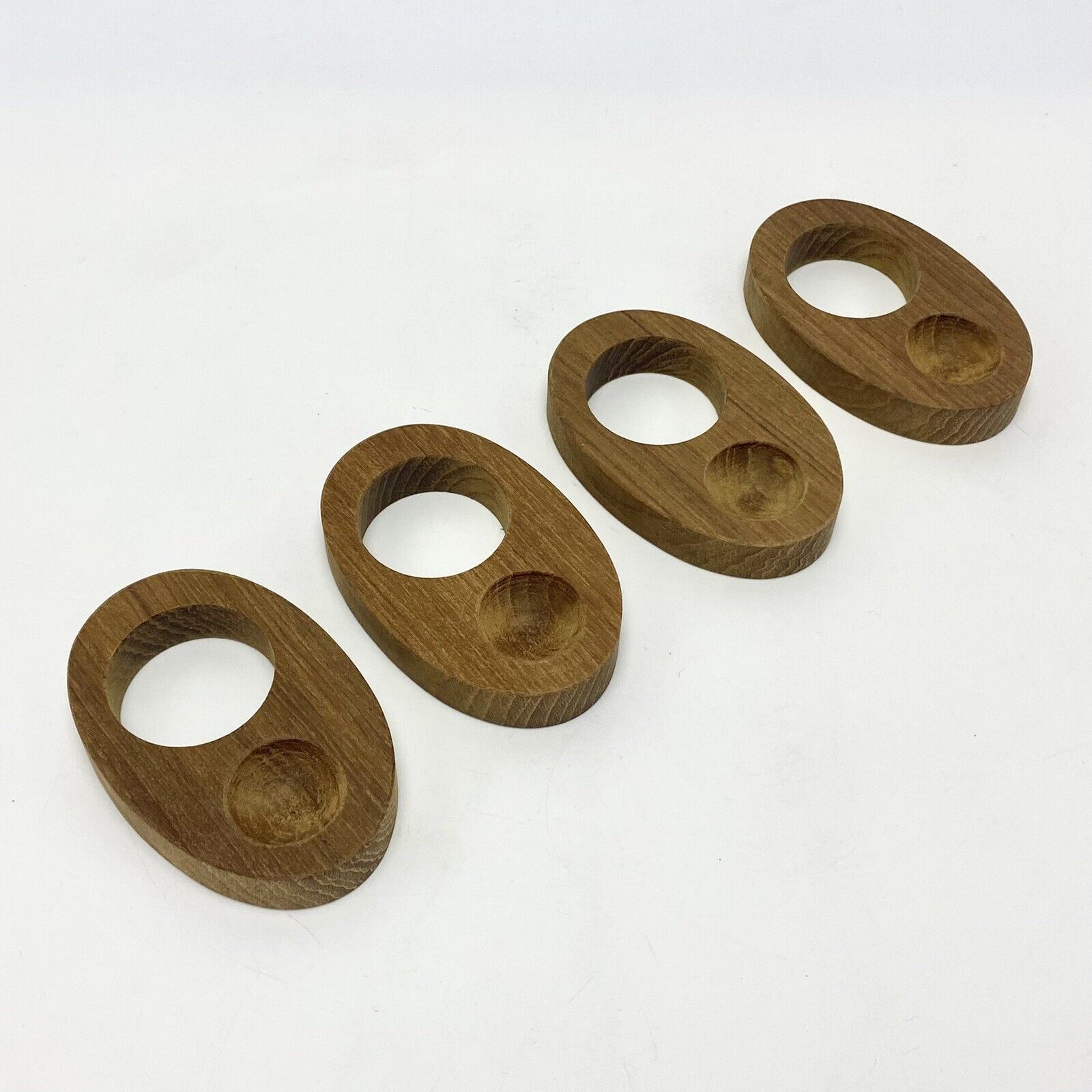 Set of 4 Vtg 1960s Danish MCM Carved Teak Wood Egg Cups w Salt Cellars Tableware