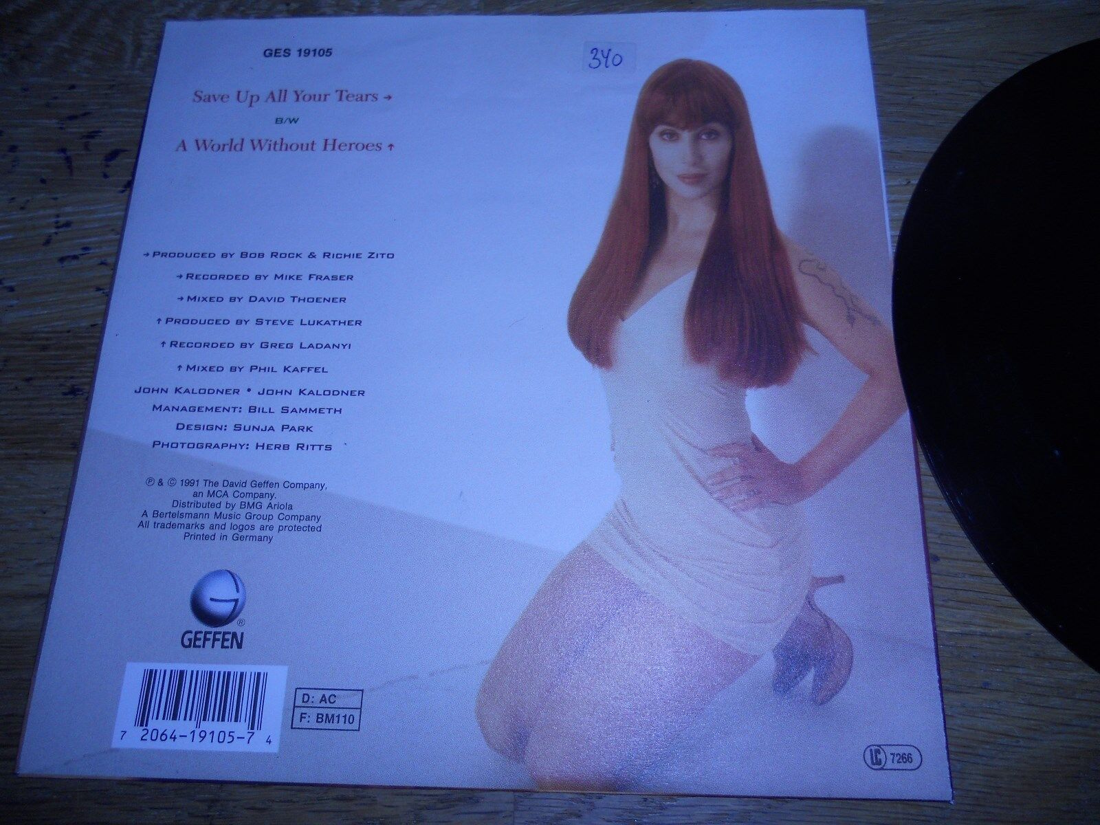 CHER "SAVE UP ALL YOUR TEARS / A WORLD WITHOUT HEROES" 1991 GERMAN PRESS GEFFEN*