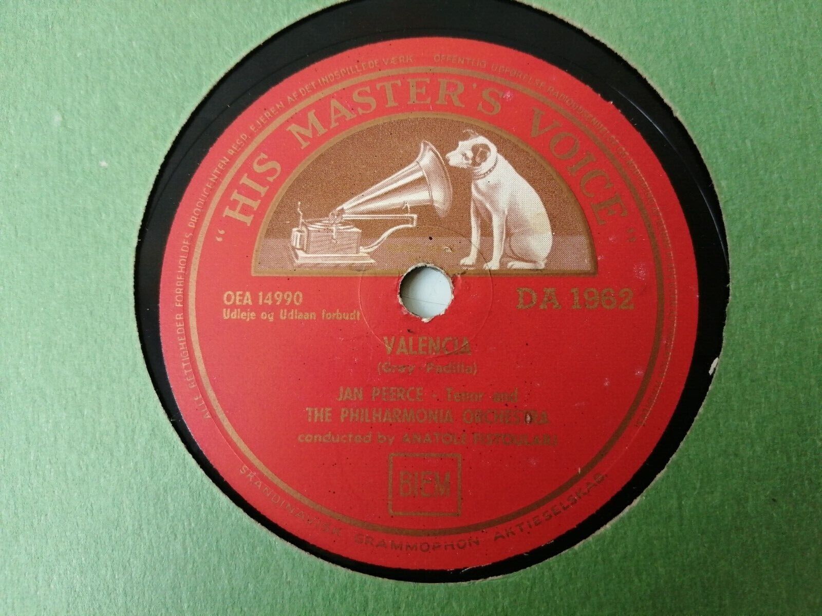 78 RPM  shellac Jan Peerce : Tonna a Surriento /Valencia HMV DA 1962